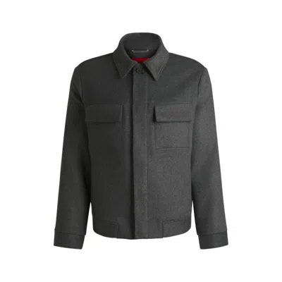 Hugo Boss Regular-fit Jacket With Concealed Closure And Shirt Collar In Grey
