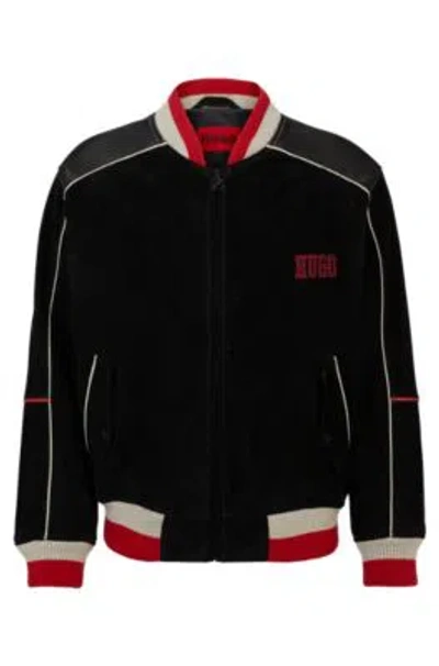 Hugo Relaxed-fit Bomber Jacket With Sporty Logos In Black
