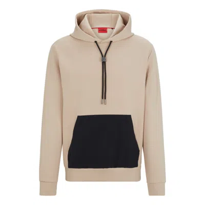 Hugo Boss Relaxed-fit Hoodie In Stretch Cotton With Contrast Pocket In Beige