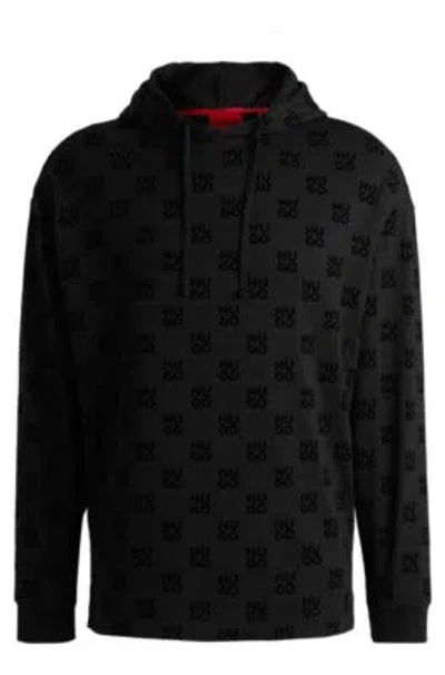 Hugo Boss Relaxed-fit Hoodie With Flock-print Stacked Logos In Black