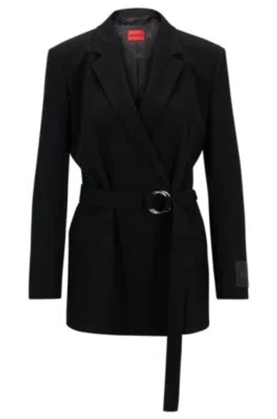 Hugo Relaxed-fit Long-length Jacket With Wrap Front In Black