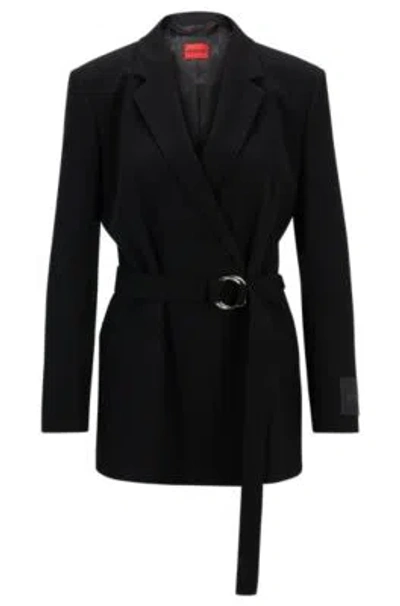 Hugo Boss Relaxed-fit Long-length Jacket With Wrap Front In Black