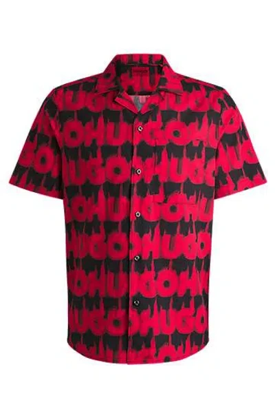 Hugo Boss Relaxed-fit Shirt In Cotton With Smoke-logo Print In Pink