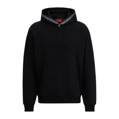 Hugo Relaxed-fit Stretch-cotton Hoodie With Chain-detail Tape In Black