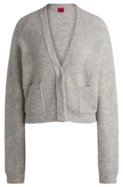 Hugo Relaxed-fit V-neck Cardigan With Stacked Logo In Grey