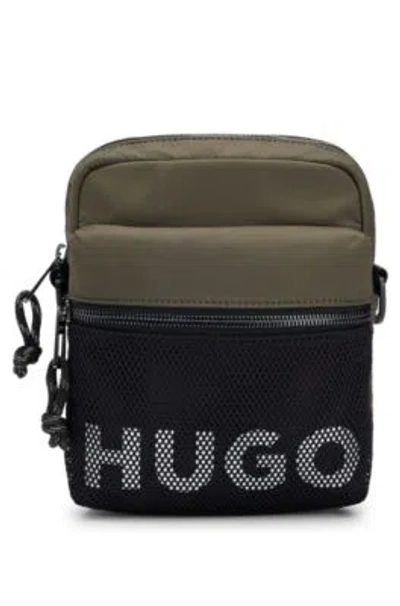 Hugo Boss Reporter Bag With Contrast Logo And Mesh Overlay In Khaki