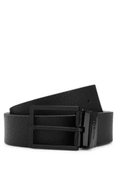 Hugo Reversible Belt In Plain And Grained Italian Leather In Black