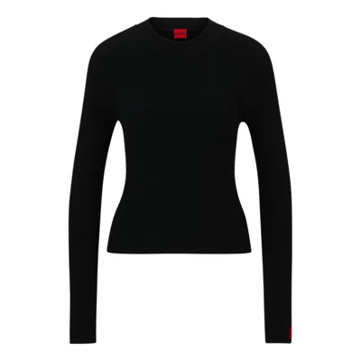 Hugo Rib-knit Jumper With Mock Neckline And Logo Label In Black