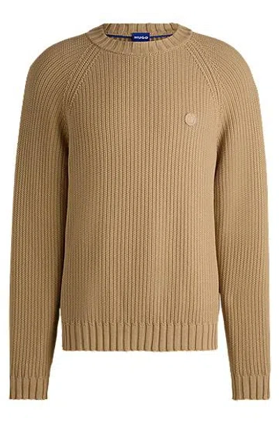 Hugo Ribbed-cotton Sweater With Logo Badge In Brown