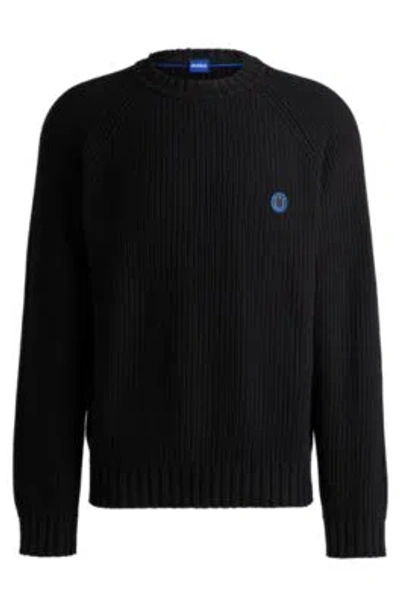Hugo Boss Ribbed-cotton Sweater With Logo Badge In Black