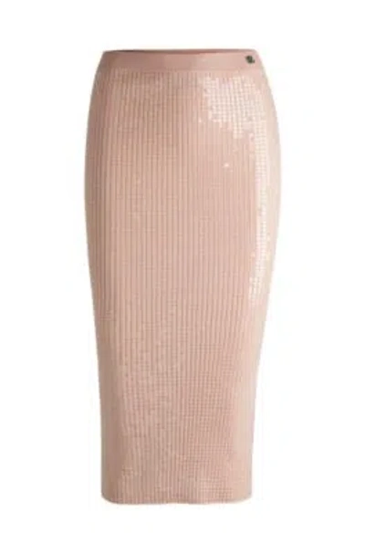 Hugo Boss Ribbed Midi Skirt With Transparent Sequins In Slim Fit In Brown