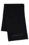 Hugo Boss Ribbed Scarf In Wool With Embroidered Logo In Black