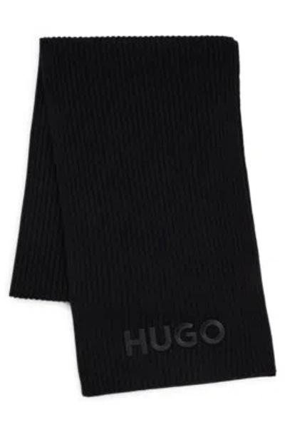 Hugo Boss Ribbed Scarf In Wool With Embroidered Logo In Black