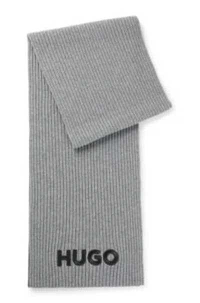 Hugo Boss Ribbed Scarf In Wool With Embroidered Logo In Grey