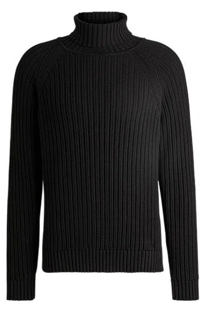 Hugo Boss Rollneck Relaxed-fit Sweater In Ribbed Cotton In Black