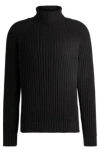 Hugo Boss Rollneck Relaxed-fit Sweater In Ribbed Cotton In Black