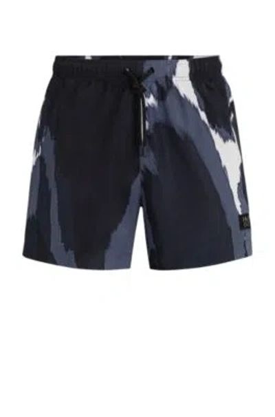 Hugo Seasonal-print Quick-dry Swim Shorts With Metallic Logo In Black
