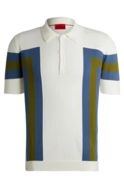Hugo Short-sleeved Polo Sweater In Cotton With Block Stripes In White
