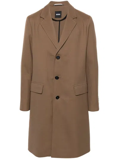 Hugo Brown Single-breasted Gabardine Coat In Braun