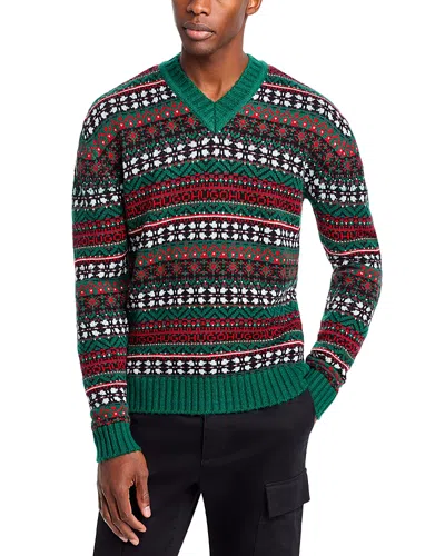 Hugo Boss Sissoh Wool Blend Fair Isle Relaxed Fit V Neck Sweater In Dark Green