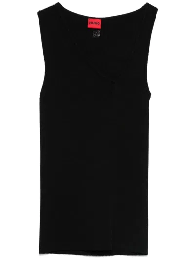 Hugo Boss Sleeveless Asymmetric V-neck Knitted Top In Black