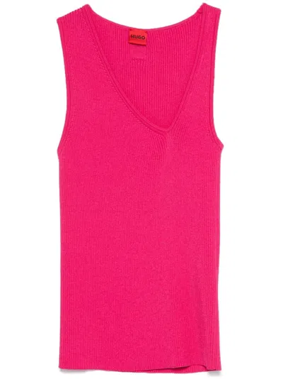 Hugo Boss Sleeveless Asymmetric V-neck Knitted Top In Pink