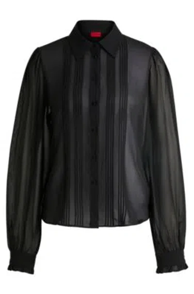 Hugo Boss Sheer Chiffon Blouse With Front Pleats In Black