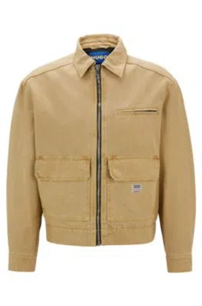 Hugo Slim-fit Jacket In Cotton Canvas With Logo Label In Beige