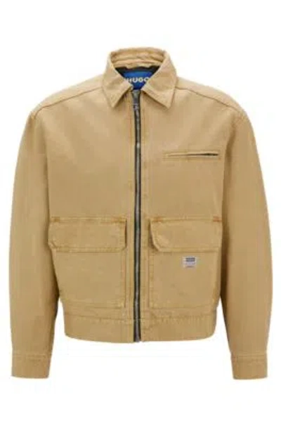 Hugo Boss Regular-fit Jacket In Cotton Canvas With Logo Label In Beige