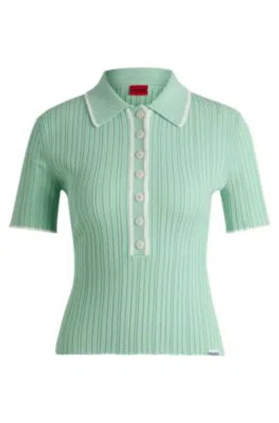 Hugo Slim-fit Knitted Top With Polo Collar In Light Green