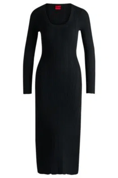 Hugo Boss Slim-fit Midi-length Dress With Irregular Ribbed Structure In Black