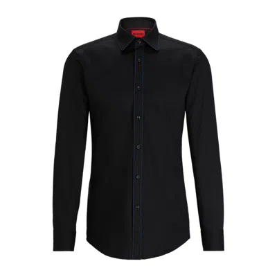 Hugo Slim-fit Shirt In Stretch-cotton Satin With Piping In Black