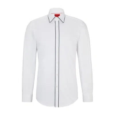 Hugo Boss Slim-fit Shirt In Stretch-cotton Satin With Piping In White