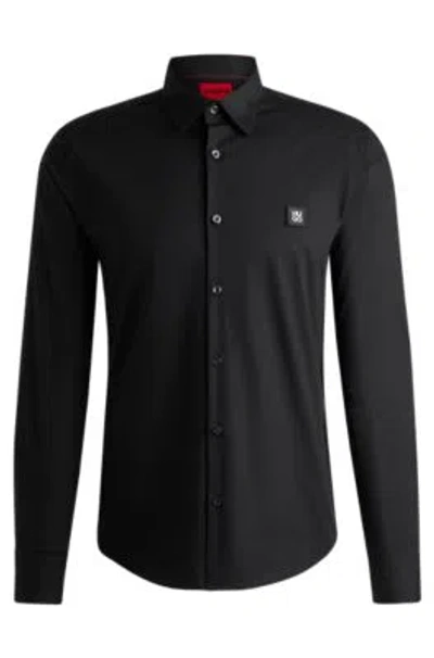 Hugo Slim-fit Shirt In Stretch Cotton With Stacked Logo In Black