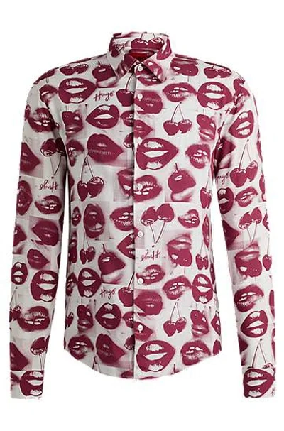 Hugo Boss Slim-fit Shirt With Seasonal Print In Cherries