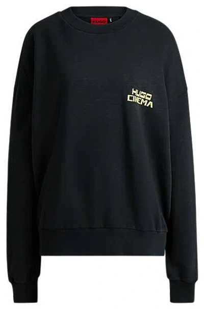 Hugo Boss Slub Cotton-terry Sweatshirt With Cat Graphic Print In Black
