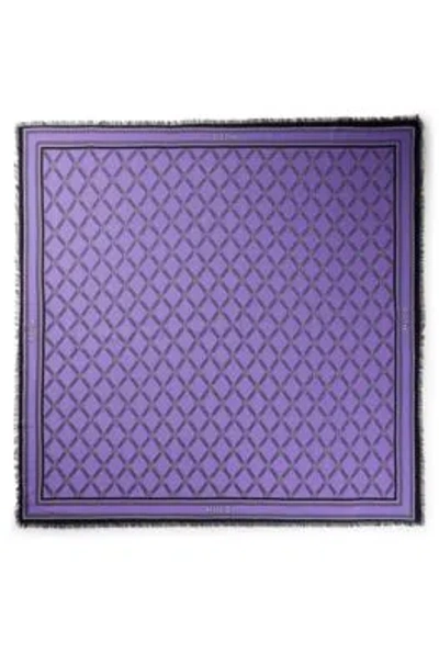 Hugo Boss Square Scarf With Logo Print And Fringed Edging In Light Purple