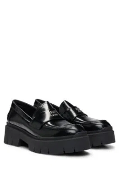 Hugo Stacked-logo Loafers In Leather With Chunky Sole In Black