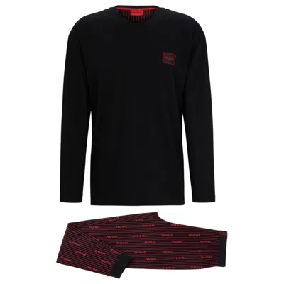 Hugo Boss Stretch-cotton Relaxed-fit Pajamas With Logo Details In Black