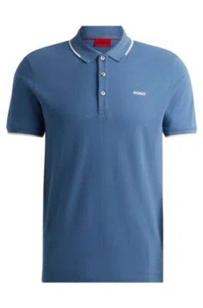 Hugo Boss Stretch-cotton Slim-fit Polo Shirt With Printed Logo In Blue