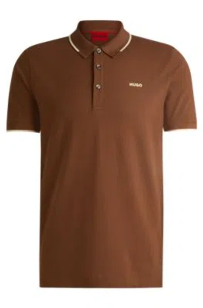 Hugo Boss Stretch-cotton Slim-fit Polo Shirt With Printed Logo In Brown