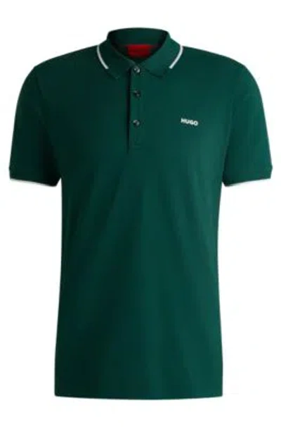 Hugo Boss Stretch-cotton Slim-fit Polo Shirt With Printed Logo In Dark Green