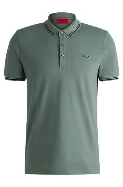 Hugo Boss Stretch-cotton Slim-fit Polo Shirt With Printed Logo In Green