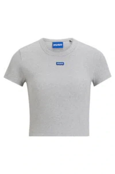 Hugo Stretch-cotton Slim-fit T-shirt With Blue Logo Label In Light Grey