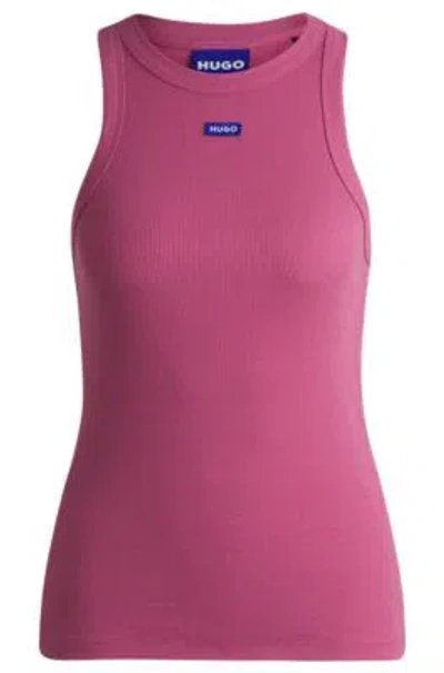 Hugo Boss Stretch-cotton Slim-fit Top With Blue Logo Badge In Pink