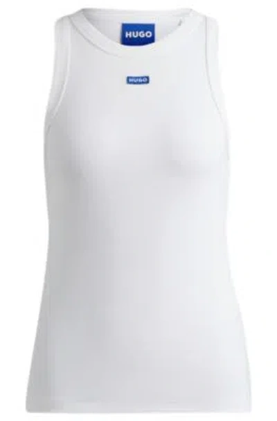 Hugo Boss Stretch-cotton Slim-fit Top With Blue Logo Badge In White