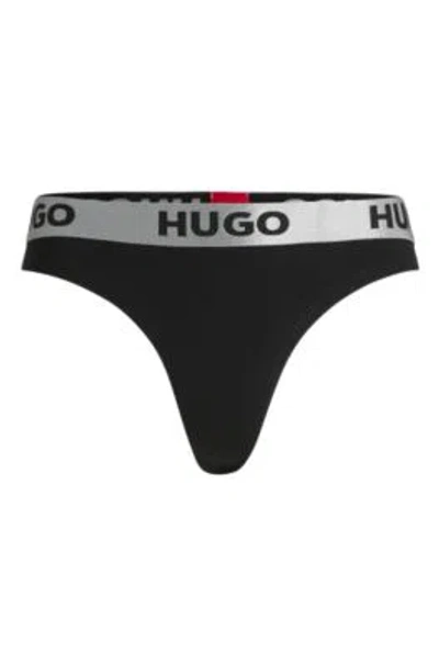 Hugo Stretch-cotton Thong Briefs With Logo Waistband In Black