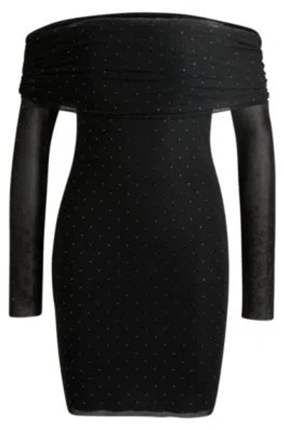 Hugo Boss Stretch-mesh Dress With All-over Rhinestone Studs In Black