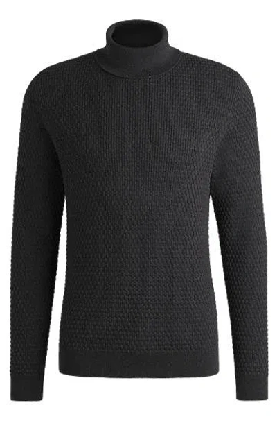 Hugo Boss Structured-knit Rollneck Sweater In Cotton In Dark Grey