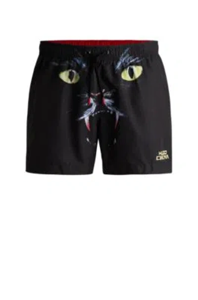 Hugo Boss Swim Shorts With Cat Graphic Print In Black
